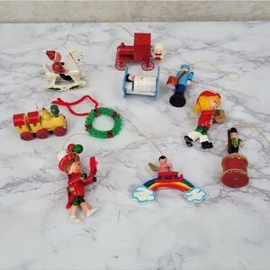 Vintage Colorful Wooden and Metal Christmas Ornaments Set